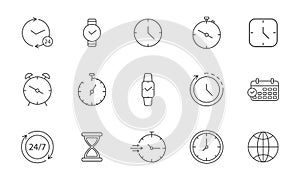 Time line icon set. Clock stroke symbol. Watch, timer, stopwatch outline label. Alam thin pictogram. Speed 24 hour