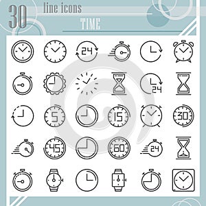 Time line icon set, clock symbols collection, vector sketches, logo illustrations, watch signs linear pictograms package