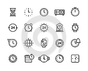 Time line icons. Clock calendar timer watch and hourglass vector symbols, waiting and working hours pictograms isolated