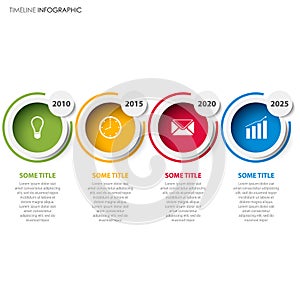 Time line info graphic with abstract round pointers on white background