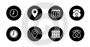 Time, location, date, and contact us icon vector. Clock, address, calendar, and telephone sign symbol