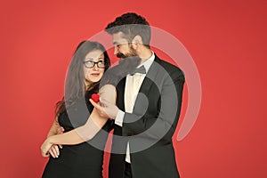 Time for love. Couple in love announce engagement. Bearded man make marriage proposal to sexy woman. Declaration of love