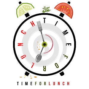 Time for lunch, healthy food on breakfast alarm at 7 am. Conceptual vector alarm clock with stylized clock hands like