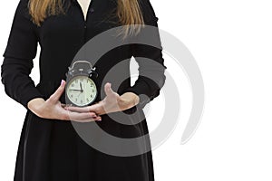 Time Manageent Ideas. Closeup of Female Hands With Clock in Front. Posing Against White