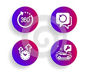 Time management, 360 degrees and Recovery data icons set. Car service sign. Vector
