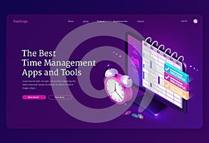 Time management apps and tools isometric landing