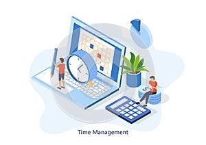 Time management banner with character and text place. Can use for web banner, infographics, hero images. Flat isometric vector