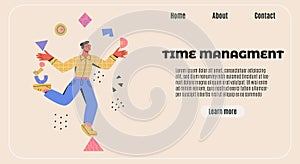 Time management banner. Multitasking, productivity, skillful concept. Man balances on a triangle and juggle abstract