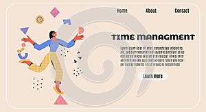 Time management banner. Multitasking, productivity, skillful concept. Woman balances on a triangle and juggle abstract