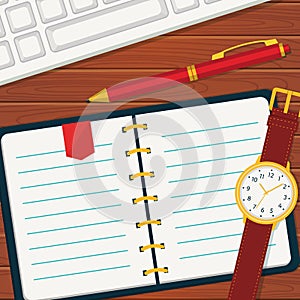 Time management banner with notebook.
