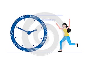 Time management business concept template. Woman running after clock deadline concept.