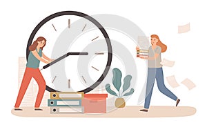 Time management with business deadline clock concept. Woman holding dial arrows trying to stop time. Female employee running