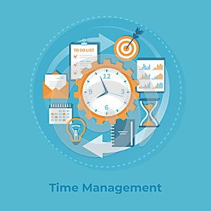 Time management and business planning, organization, working. Business information background, banner.