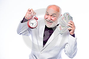 Time management. business success. retirement. time and age. Timekeeping. mature bearded man with alarm clock. mature