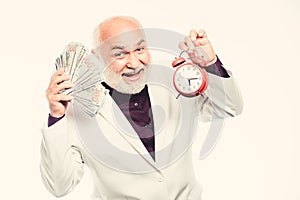 Time management. business success. retirement. time and age. Timekeeping. mature bearded man with alarm clock. mature