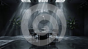 time management concept banner in an empty conference room with a large digital clock on the wall