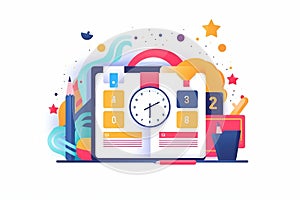time management concept with big clock and desk object ike clipboard books and table with flat style, generative AI