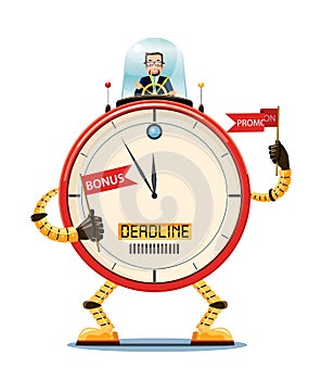 Time management concept. A boss controlling a giant clock robot.