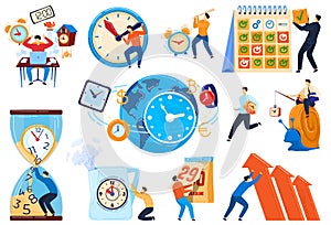 Time management concept, business people deadline, set of cartoon characters, vector illustration
