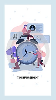Time management concept. Business team set the clock. Deadline, time break and schedule. Vector web site design template