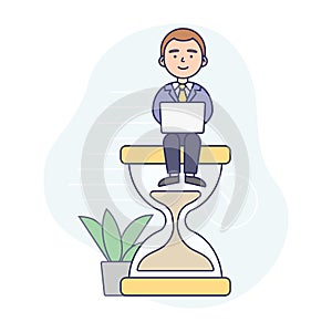 Time Management Concept. Businessman Is Sitting On The Hourglass And Working On The Laptop. Concept Of Working Time