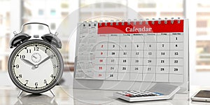 Time management concept. Calendar and an alarm clock, office background. 3d illustration
