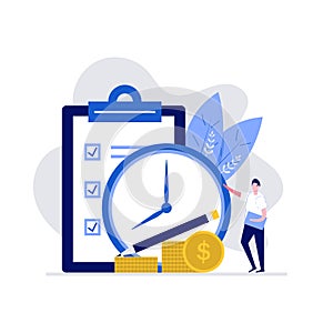 Time management concept with character, a big clock and planning of the workflow. Modern vector illustration in flat style for