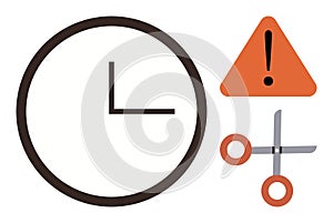 Time Management Concept with Clock, Scissors, and Caution Sign Elements