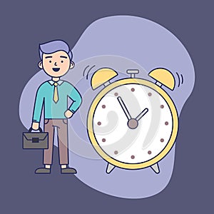 Time Management Concept. Confident Businessman Standing Near Big Alarm Clock. Concept Of Working Time Pressure