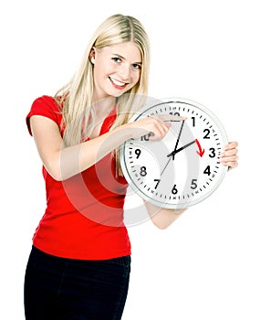Time management concept. Daylight Saving Time. Young smiling wom