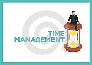 Time management concept with illustration of businessman on top of hourglass