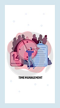 Time management concept. Man set the clock Business schedule and calendar. Vector web site design template. Landing page