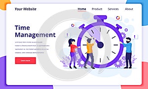 Time management concept, People trying to stop time on a giant clock. Modern flat web page design for website and mobile website.