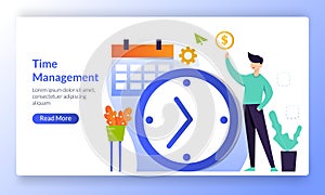 Time Management concept planning, Alarm clock rings on, working time schedule, landing page template for banner, flyer, ui, web,