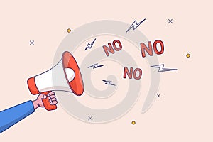 Time management concept. Scream loud on megaphone with words NO. Refuse to do wrong things. Learn to say no, leadership