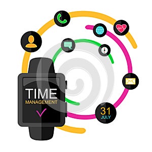 Time Management Concept. Smart Watch with Icons and Buttons. Flat Style. Vector Illustration.