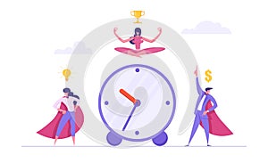 Time Management Concept with Successful Team Business Characters. Organization of Work Process with Alarm Clock