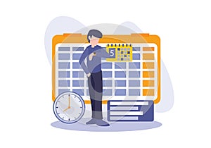 Time management concept. Vector illustration flat design style. Person looking at watch with clock and calendar. Elements for