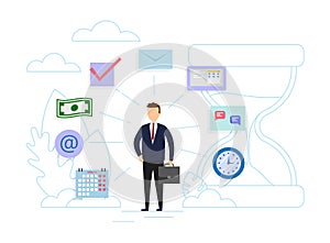 Time management, control concept. Businessman near huge sandclock with business icons. Flat style. Vector illustration.