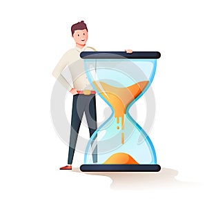 Time management, control. Vector illustration flat design. Isolated on background. Businessman stang near sandclock. photo