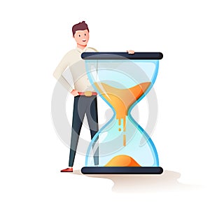 Time management, control. Vector illustration flat design. Isolated on background. Businessman stang near sandclock.