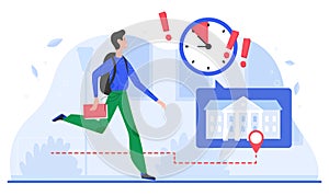 Time management, deadline concept vector illustration, cartoon flat busy man character with timer clock and exclamation