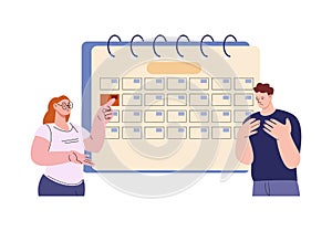 Time management and deadline concept. Woman point to calendar and confused man. Flat business scene, unorganization and