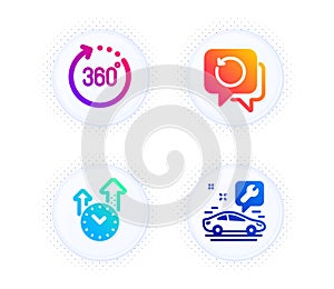 Time management, 360 degrees and Recovery data icons set. Car service sign. Vector