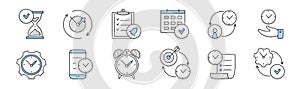 Time management doodle icons with clock and gear