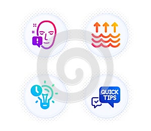 Time management, Face attention and Evaporation icons set. Quick tips sign. Vector