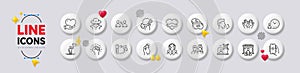 Time management, Fraud and Volunteer line icons. For web app, printing. White buttons 3d icons. Vector