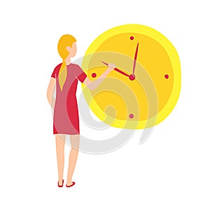 Time management. The girl translates the hands on the clock