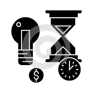 Time management with hourglass icon, vector illustration, black sign on isolated background