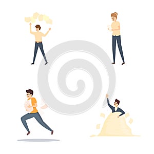 Time management icons set cartoon vector. Hurrying and running office worker